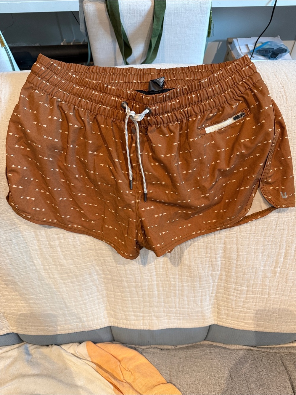 Vuori Amber Mustard Brown Patterned Drawstring Athletic Shorts